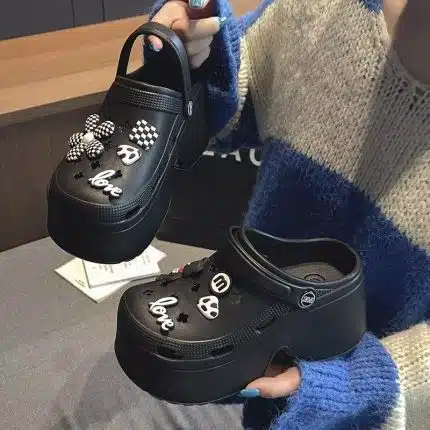 Love Charm Clogs – Platform Style with Checker & Flower Accents