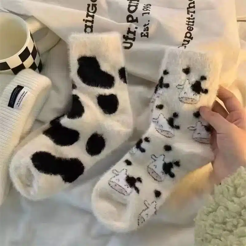 b6492fb54a381680b1f12f637d0dd779 Fluffy Cow Print Cozy Socks – Soft Warm Winter Lounge Socks for Women - Image 1