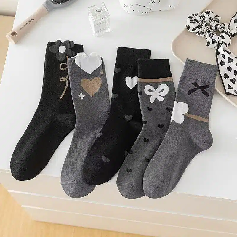 WechatIMG4310 Minimal Heart & Bow Crew Socks for Women | Aesthetic Cotton Socks (5 Pairs Set) - Image 1