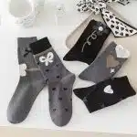 Minimal Heart & Bow Crew Socks for Women | Aesthetic Cotton Socks (5 Pairs Set) - Image 3