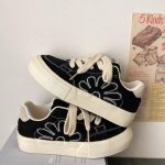 Black Canvas Sneakers with Stitched Flower Design