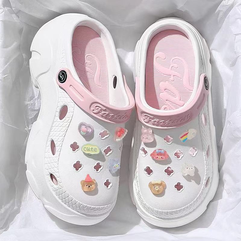 White & Pink Charm-Decorated Platform Clogs – Cute Pastel Style with Soft Cushion Sole White & Pink Charm-Decorated Platform Clogs – Cute Pastel Style with Soft Cushion Sole - Image 1